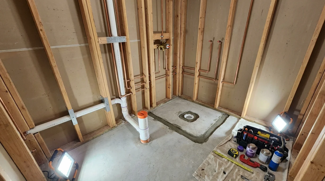 Bathroom rough-in plumbing during remodel by Johns Plumbing LLC in College Park