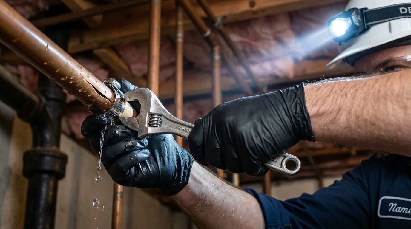 Emergency pipe clamp repair being performed by a Johns Plumbing LLC plumber in College Park
