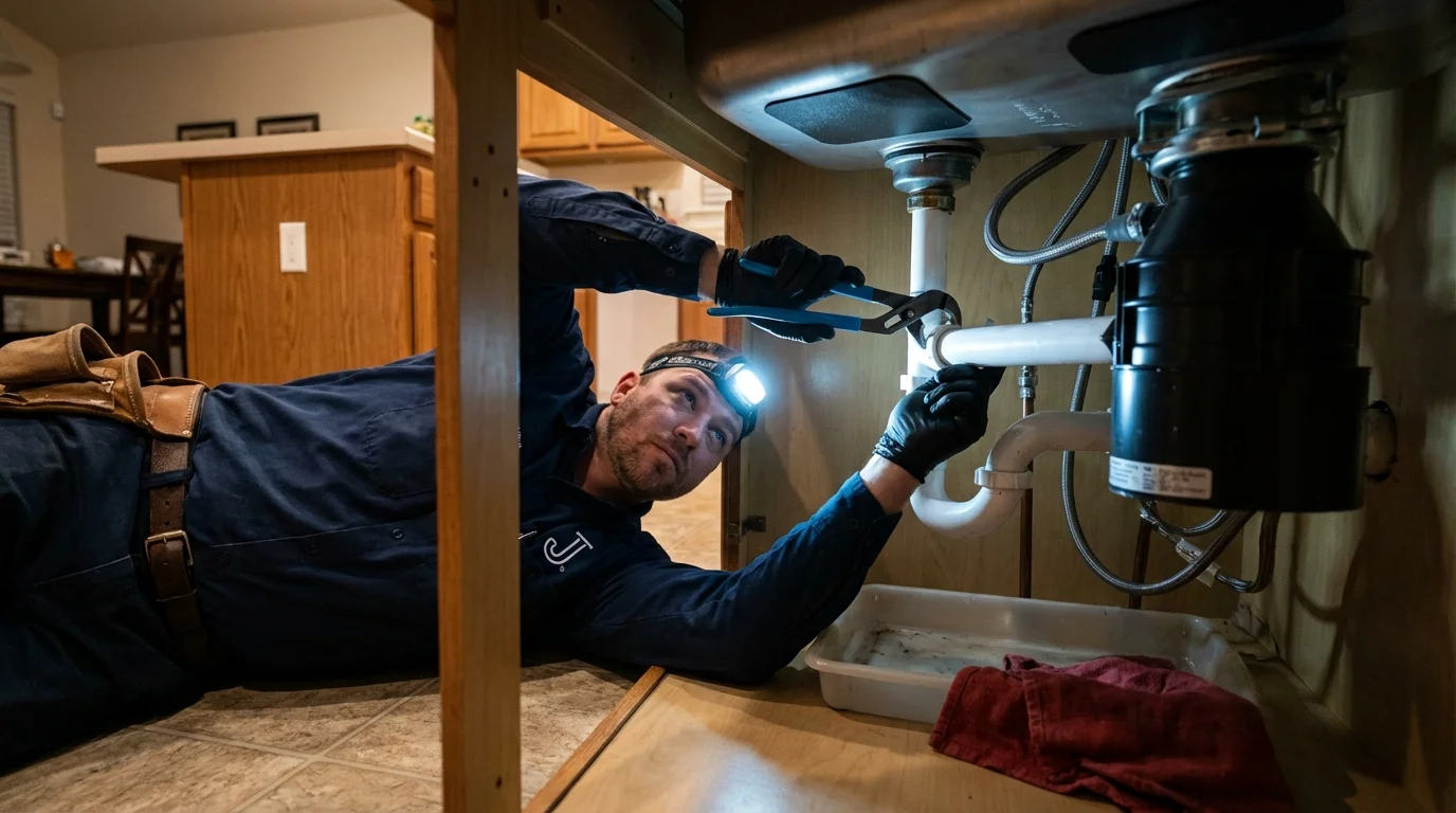 P-trap and supply line connections under a kitchen sink showing a common leak point in College Park, MD